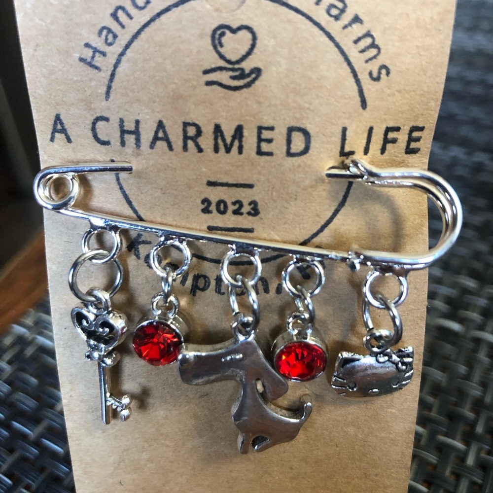 NWT, Handmade by A Charmed Life. Silver Pin with Charms & Two Red Crystals